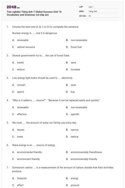 Trắc nghiệm Tiếng Anh 7 Global Success Unit 10 Vocabulary and Grammar (có đáp án)