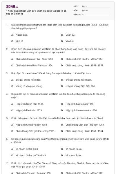 17 câu trắc nghiệm Lịch sử 9 Chân trời sáng tạo Bài 16 có đáp án (Phần 9)