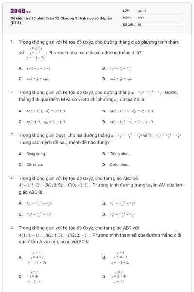 Đề kiểm tra 15 phút Toán 12 Chương 3 Hình học có đáp án (Đề 4)