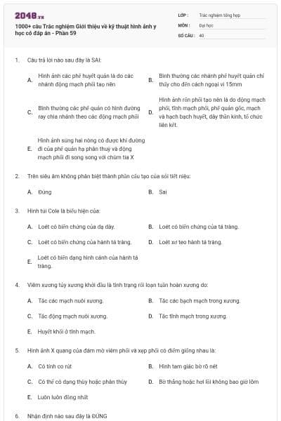 1000+ câu Trắc nghiệm Giới thiệu về kỹ thuật hình ảnh y học có đáp án - Phần 59