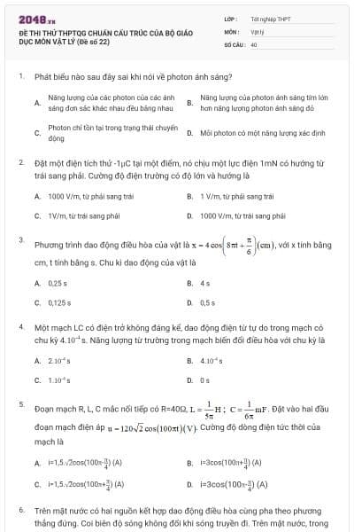 ĐỀ THI THỬ THPTQG CHUẨN CẤU TRÚC CỦA BỘ GIÁO DỤC MÔN VẬT LÝ (Đề số 22)