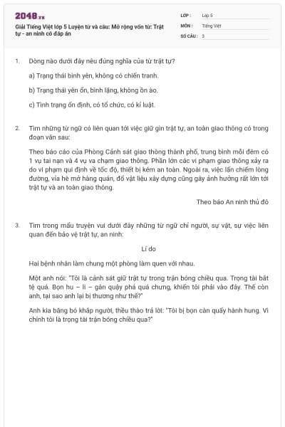 Giải Tiếng Việt lớp 5 Luyện từ và câu: Mở rộng vốn từ: Trật tự - an ninh có đáp án