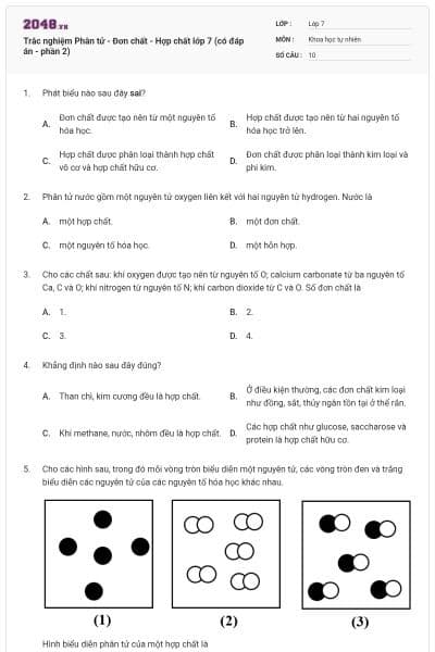 Trắc nghiệm Phân tử - Đơn chất - Hợp chất lớp 7 (có đáp án - phần 2)