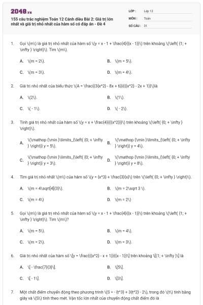 155 câu trắc nghiệm Toán 12 Cánh diều Bài 2: Giá trị lớn nhất và giá trị nhỏ nhất của hàm số có đáp án - Đề 4