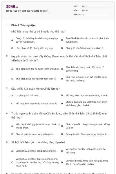Đề thi Học kì 1 Lịch Sử 7 có đáp án (Đề 1)