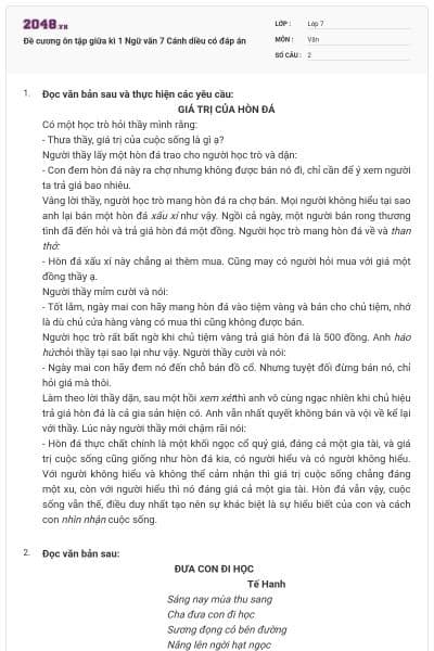 Đề cương ôn tập giữa kì 1 Ngữ văn 7 Cánh diều có đáp án