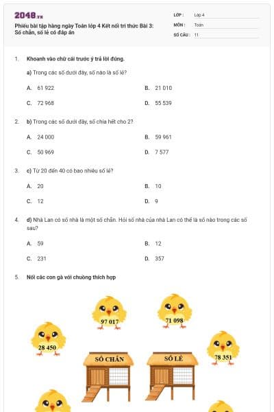 Phiếu bài tập hàng ngày Toán lớp 4 Kết nối tri thức Bài 3: Số chẵn, số lẻ có đáp án