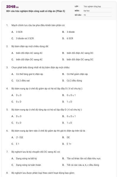80+ câu trắc nghiệm Điện công suất có đáp án (Phần 5)