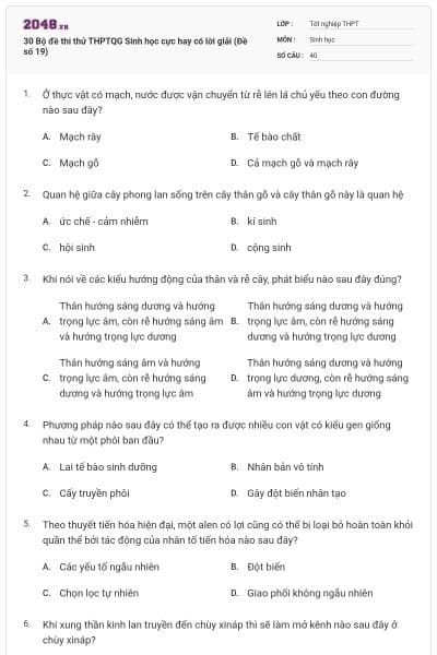 30 Bộ đề thi thử THPTQG Sinh học cực hay có lời giải (Đề số 19)