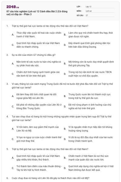 87 câu trắc nghiệm Lịch sử 12 Cánh diều Bài 2 (Có đúng sai) có đáp án - Phần 3