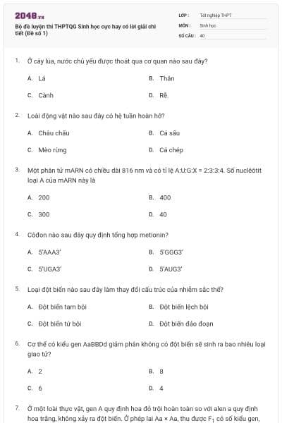 Bộ đề luyện thi THPTQG Sinh học cực hay có lời giải chi tiết (Đề số 1)