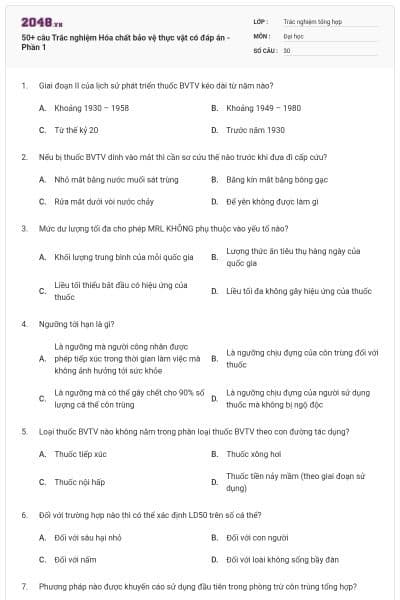 50+ câu Trắc nghiệm Hóa chất bảo vệ thực vật có đáp án - Phần 1