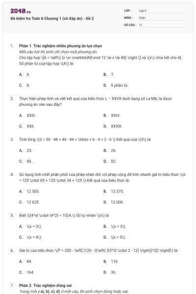 Đề kiểm tra Toán 6 Chương 1 (có đáp án) - Đề 2