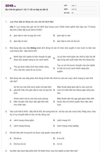 Bộ 4 Đề thi giữa kì 1 Sử 11 CD có đáp án (Đề 4)