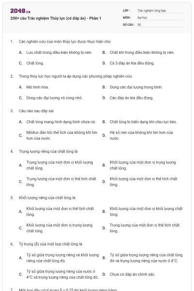 200+ câu Trắc nghiệm Thủy lực (có đáp án) - Phần 1