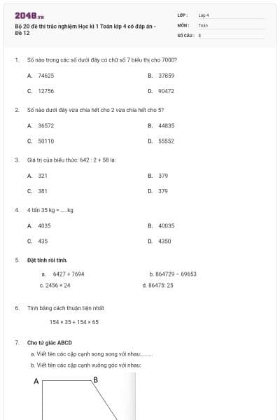 Bộ 20 đề thi trắc nghiệm Học kì 1 Toán lớp 4 có đáp án - Đề 12