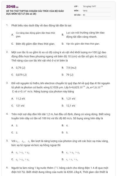 ĐỀ THI THỬ THPTQG CHUẨN CẤU TRÚC CỦA BỘ GIÁO DỤC MÔN VẬT LÝ (Đề số 28)