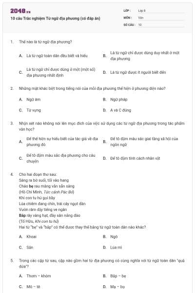 10 câu Trắc nghiệm Từ ngữ địa phương (có đáp án)