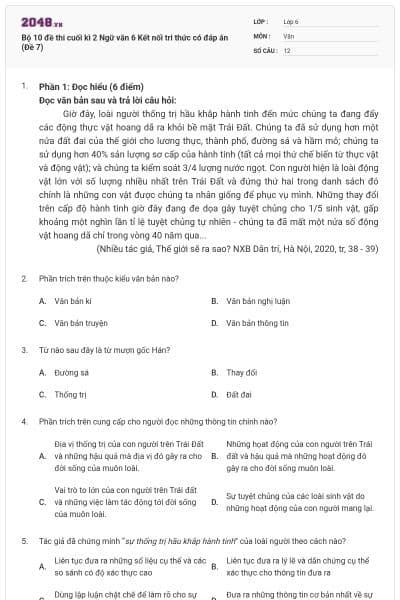 Bộ 10 đề thi cuối kì 2 Ngữ văn 6 Kết nối tri thức có đáp án (Đề 7)
