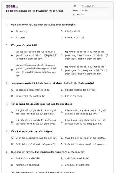 Bài tập tổng ôn Sinh học - Di truyền quần thể có đáp án