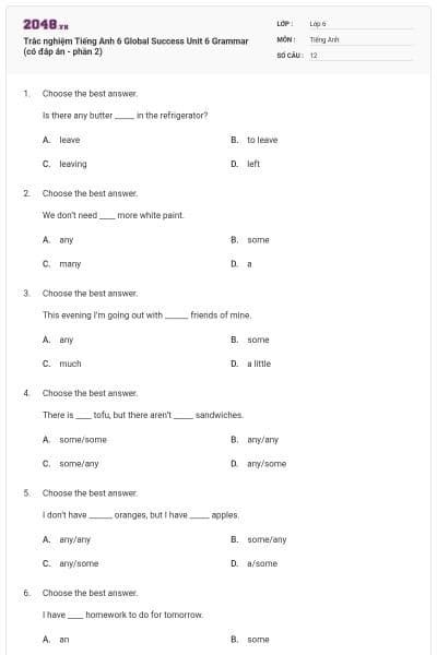 Trắc nghiệm Tiếng Anh 6 Global Success Unit 6 Grammar (có đáp án - phần 2)
