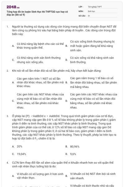 Tổng hợp đề ôn luyện Sinh Học thi THPTQG cực hay có đáp án (Đề số 9)