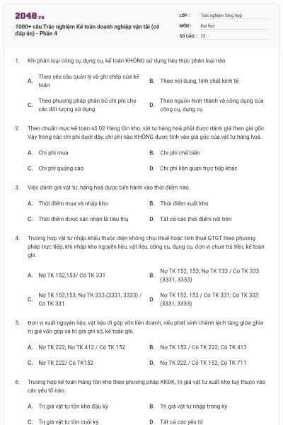 1000+ câu Trắc nghiệm Kế toán doanh nghiệp vận tải (có đáp án) - Phần 4