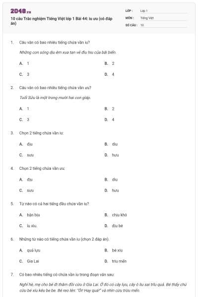 10 câu Trắc nghiệm Tiếng Việt lớp 1 Bài 44: iu ưu (có đáp án)