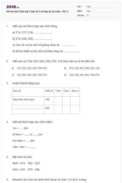Đề thi môn Toán lớp 2 Học kì 2 có đáp án (Cơ bản - Đề 1)