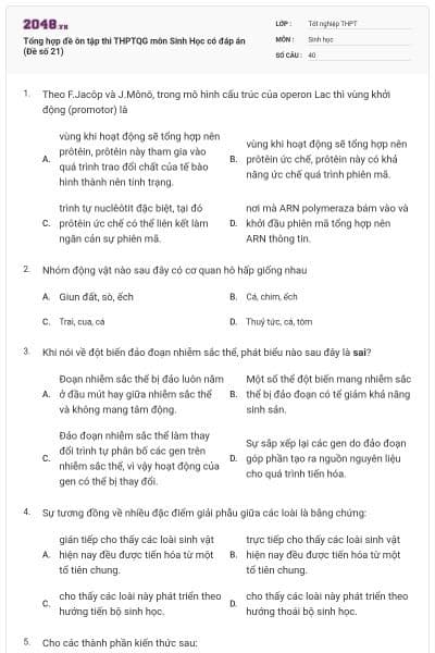 Tổng hợp đề ôn tập thi THPTQG môn Sinh Học có đáp án (Đề số 21)