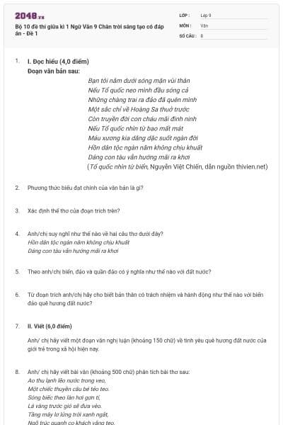 Bộ 10 đề thi giữa kì 1 Ngữ Văn 9 Chân trời sáng tạo có đáp án - Đề 1