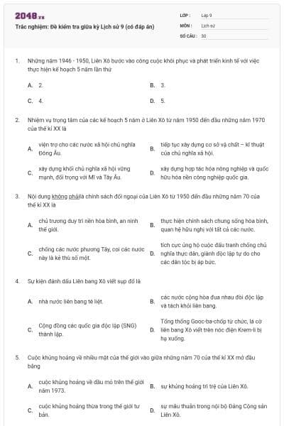 Trắc nghiệm: Đề kiểm tra giữa kỳ Lịch sử 9 (có đáp án)