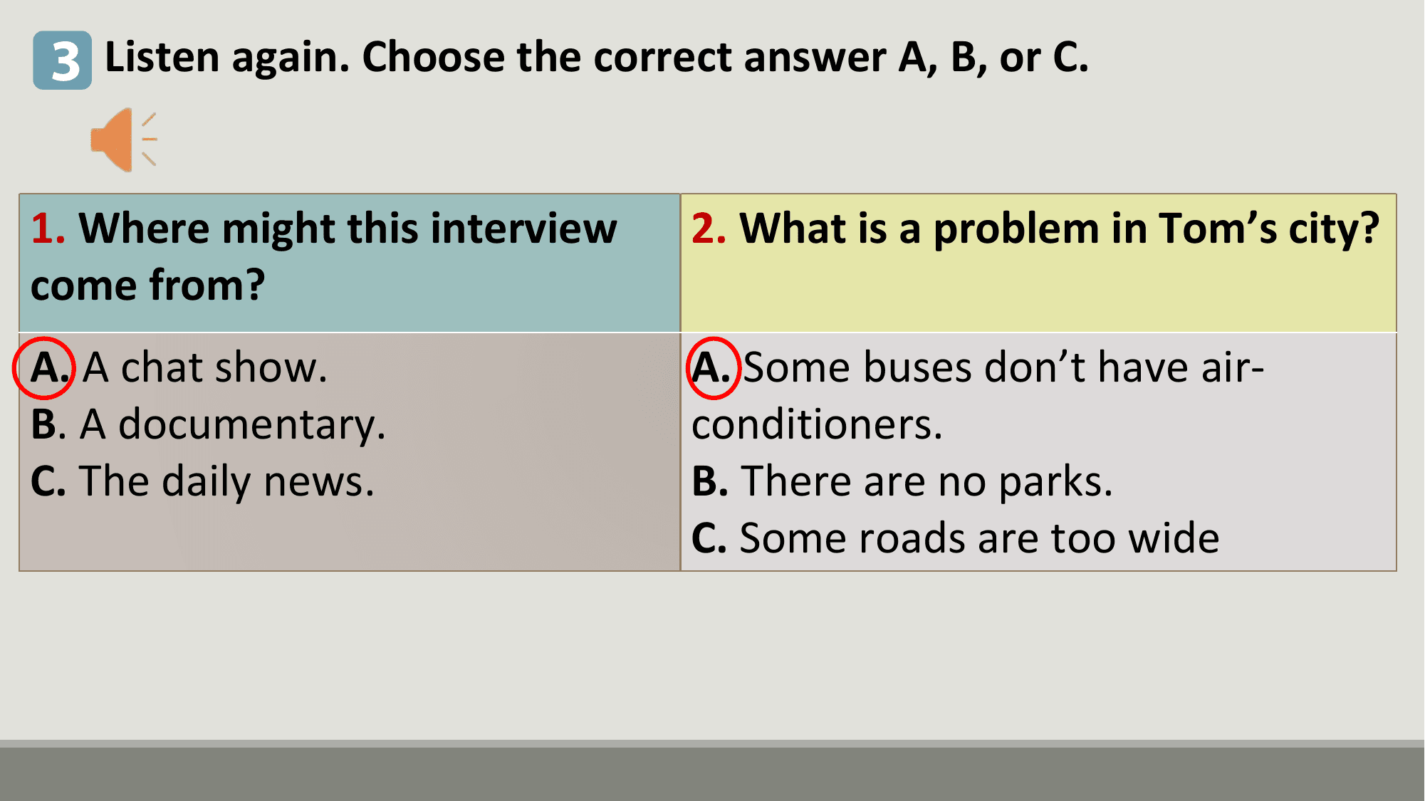 3 Listen again. Choose the correct answer A, B, or C.

1. Where might this interview 2. What is a problem in Tom’s city?
come from?
A. A chat show. A. Some buses don’t have air-
B. A documentary. conditioners.
C. The daily news. B. There are no parks.
 C. Some roads are too wide