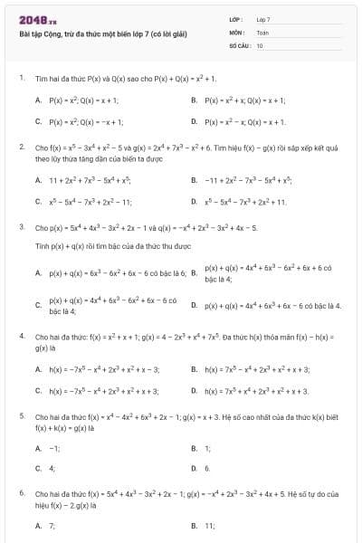 Bài tập Cộng, trừ đa thức một biến lớp 7 (có lời giải)