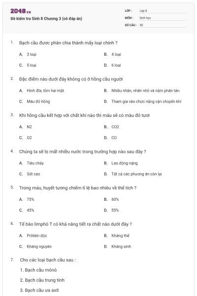 Đề kiểm tra Sinh 8 Chương 3 (có đáp án)
