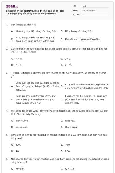 Đề cương ôn tập KHTN 9 Kết nối tri thức có đáp án - Bài 13. Năng lượng của dòng diện và công suất diện