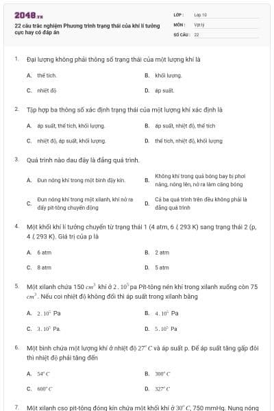 22 câu trắc nghiệm Phương trình trạng thái của khí lí tưởng cực hay có đáp án