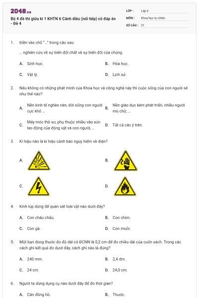 Bộ 4 đề thi giữa kì 1 KHTN 6 Cánh diều (nối tiếp) có đáp án - Đề 4