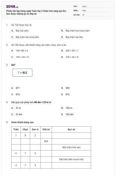 Phiếu bài tập hàng ngày Toán lớp 2 Chân trời sáng tạo Em làm được những gì có đáp án