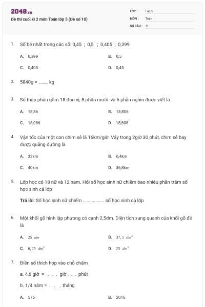 Đề thi cuối kì 2 môn Toán lớp 5 (Đề số 10)