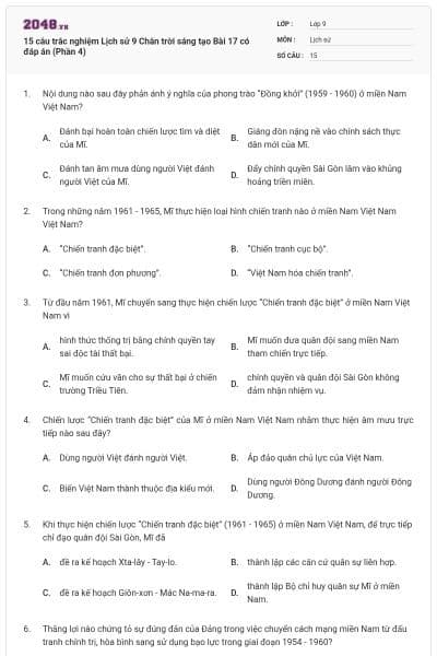 15 câu trắc nghiệm Lịch sử 9 Chân trời sáng tạo Bài 17 có đáp án (Phần 4)