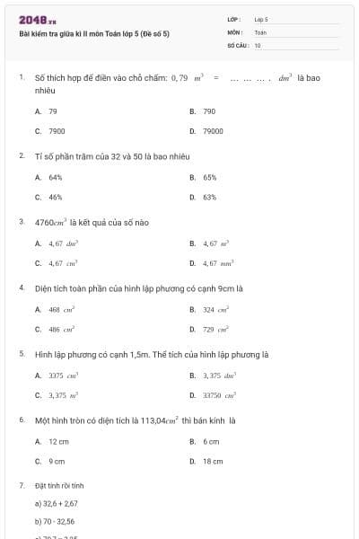 Bài kiểm tra giữa kì II môn Toán lớp 5 (Đề số 5)