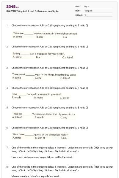 Giải VTH Tiếng Anh 7 Unit 5. Grammar có đáp án
