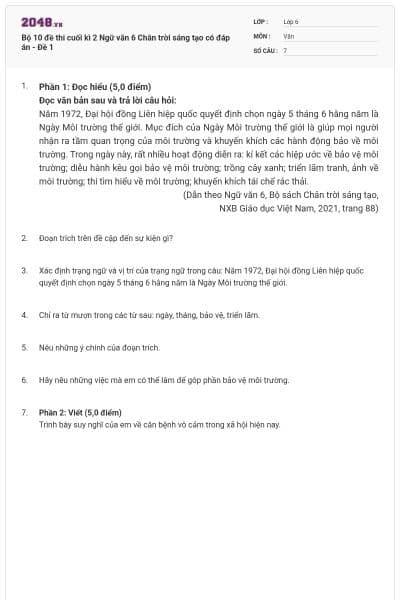 Bộ 10 đề thi cuối kì 2 Ngữ văn 6 Chân trời sáng tạo có đáp án - Đề 1