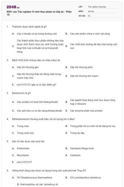 800+ câu Trắc nghiệm Vi sinh thực phẩm có đáp án - Phần 18