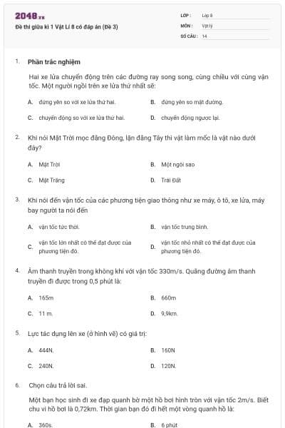Đề thi giữa kì 1 Vật Lí 8 có đáp án (Đề 3)