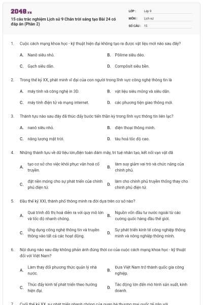 15 câu trắc nghiệm Lịch sử 9 Chân trời sáng tạo Bài 24 có đáp án (Phần 2)