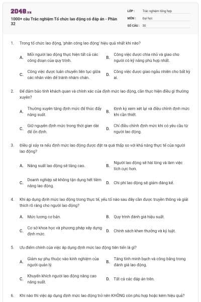 1000+ câu Trắc nghiệm Tổ chức lao động có đáp án - Phần 32