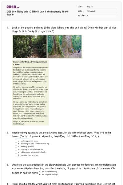 Giải SGK Tiếng anh 10 THiNK Unit 4 Writing trang 49 có đáp án