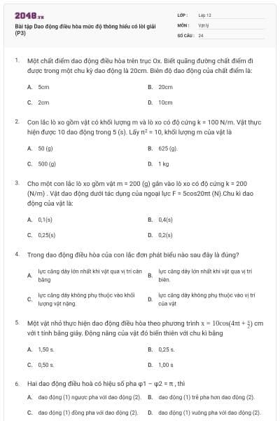Bài tập Dao động điều hòa mức độ thông hiểu có lời giải (P3)